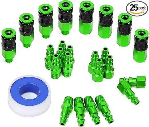 25 Pieces 1/4" NPT Aluminum Air Coupler and Plug Kit, Quick Connect Air Fittings, Industrial Quick Connector Set (Green)