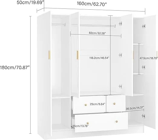 Panana Bedroom Armoires Wardrobe Closet with 4 Doors 2 Drawers and Mirror, Large Shelves Hanging Rods for Bedroom, 62.7" W x 19.7" D x 70.8" H