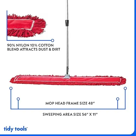 Commercial Dust Mop & Floor Sweeper, 48 in. Dust Mop for Hardwood Floors, Reusable Dust Mop Head, Extendable Mop Handle, Industrial Dry Mop for Floor Cleaning & Janitorial Supplies, Red