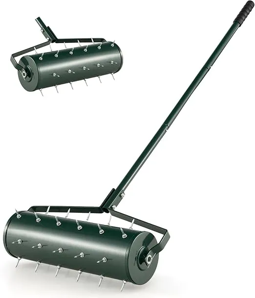 S AFSTAR 21" Manual Lawn Aerator, Heavy Duty Rolling Aerator Lawn Tool Filled Sand Stone with 51" Detachable Handle & Tine Spikes for Soil Loosening, Push Grass Aeration for Garden Yard
