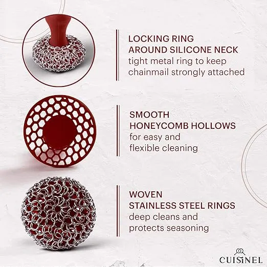 Cuisinel Cast Iron Chainmail Scrubber + Pan Scraper - The Patented Original Ergonomic Stainless & Silicone Pot & Skillet Cleaner - Premium Food-Safe Design - Easy Clean Dishwasher Safe Cookware Sponge