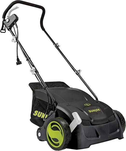 Sun Joe AJ801E 12-Amp, Electric Dethatcher and Scarifier w/Removeable 8-Gallon Collection Bag, 5-Position Height Adjustment, Airboost Technology Increases Lawn Health, 13 inch, Green