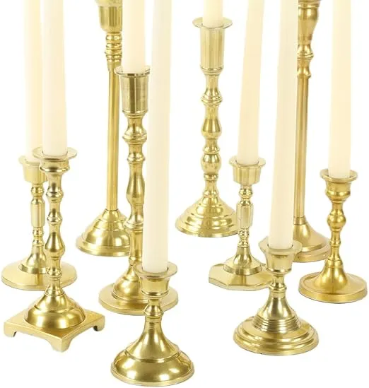 Koyal Wholesale Gold Mixed Taper Holders, Set of 10, Mismatched Candlesticks Set, Bohemian Decorative