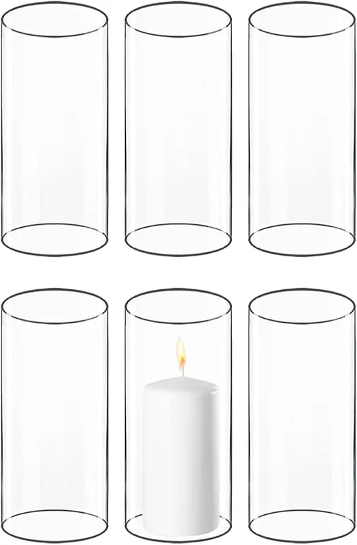 CYS EXCEL 6 PCS (H:6" D:3") Open Ended Glass Hurricane Candleholder Tube Shade | Multiple Size Choices Open Flame Candle Chimney Tube Cover | Bottomless Cylinder