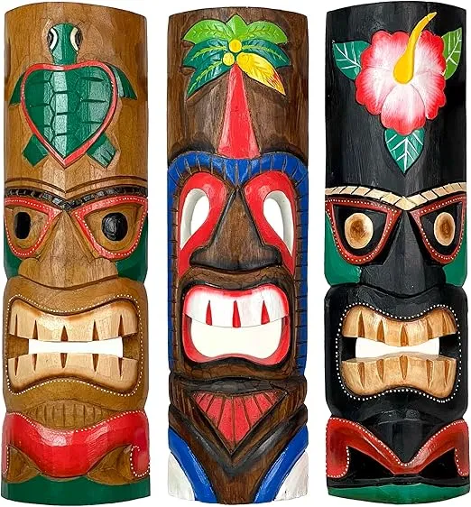 Zeckos Set of 3 Hand-Carved Polynesian Tiki Masks, 20 Inches High, Crafted from Indonesian Albesia Wood, Ideal Tropical Wall Decor with Exquisite Colorful Finish