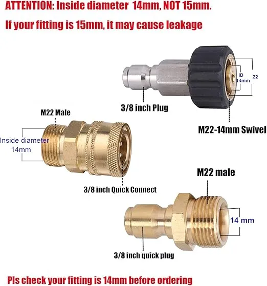 Pressure Adapter Set M22 14mm to 3/8 inch Quick Connect Kit for High Pressure Washer gun and hoses