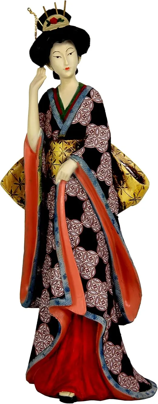 Red Lantern 14" Geisha Figurine w Flower Statue, Ivory Sash