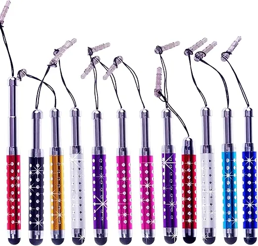ECO-FUSED Stylus Pen Bundle - 12 Adjustable Bling Stylus Pens- with 3.5mm Jack Connector- for All Capacitive Touchscreen Devices - iPad, iPhone, Samsung Phones, All Android Phones, Tablets and More