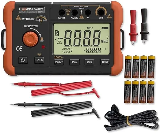 LEAGY VAD78 Digital Insulation Resistance Tester - Accurate Megohm Meter for DC/AC Voltage Testing (20-1500V, 20-750V) and Resistance Measurement (0-5000 Megohms)