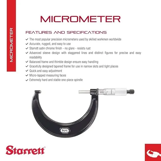 Starrett Outside Micrometer with One-Piece Spindle, Satin Chrome Finish and Tapered Frame - Quick and Easy Adjustment, 3-4" Range, .0001" Graduations - T436.1XRL-4