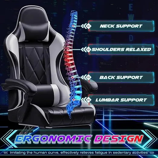 Shahoo Gaming Chair with Footrest and Massage Lumbar Support, Ergonomic Computer Seat Height Adjustable with 360°Swivel and Headrest, White