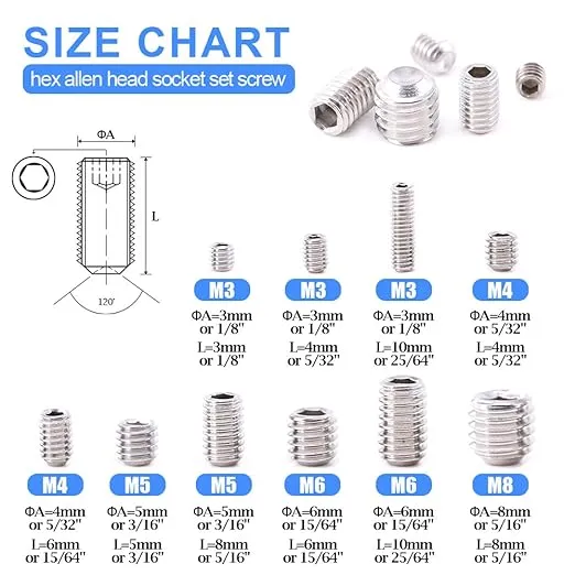 Glarks 200-Piece M3 4 5 6 8 Hex Allen Head Socket Set Screw Assortment Kit (304 Stainless Steel)