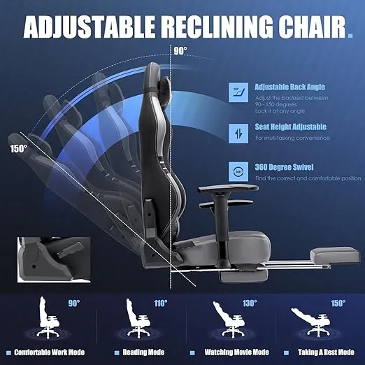 Big and Tall Gaming Chair with Footrest 350lbs-Racing Style Computer Gamer Chair, Ergonomic High Back PC Chair with Wide Seat, Reclining Back, 3D Armrest, Headrest and Lumbar Support for Adult-Grey