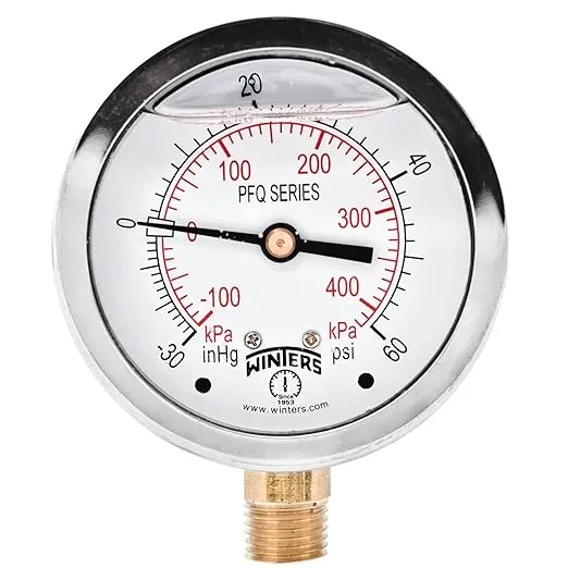 Winters 2-1/2" Dial Size, Liquid Filled Industrial Pressure Gauge, Brass Internals, 304 Stainless Steel Case, Dual Scale 30" Hg-0-60 psi/kPa, 1.5% Acc, 1/4" NPT Bottom Mount, Pressure and Vacuum Gauge