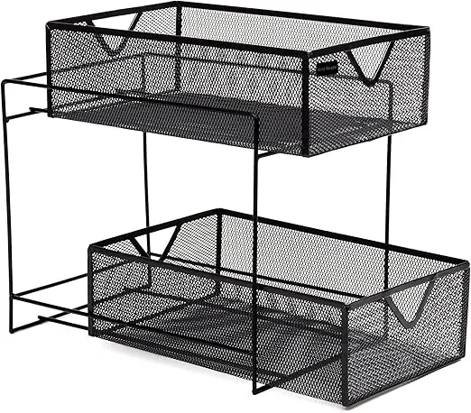 Mind Reader Accessory Organizer, Supply Storage, Makeup Crafts, Office, Kitchen, Metal, 8.25" L W x 12.5" H, 2-Tier, Black 2 Tier Mesh