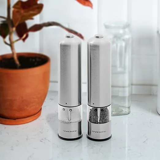 OVENTE Electric Stainless Steel Tall Sea Salt and Pepper Grinder Set with Ceramic Blade, Battery Operated Adjustable Coarseness Salt & Pepper Mill Automatic One Handed Touch, Pack of 2 Silver SPD112S