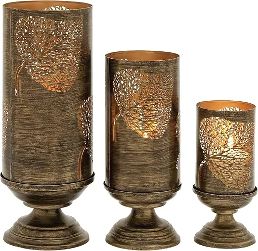 Deco 79 Eclectic Metal Solid Lantern, Set of 3 9", 13", 16"H, Brown