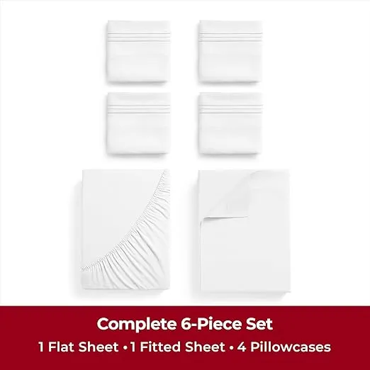 Mellanni Iconic Queen Sheet Set - 6-Piece Bed Sheets, (Including 4 Pillowcases), 16-Inch Deep Pocket, Easy Care, Extra Soft, Cooling Sheets, Brushed Microfiber - White