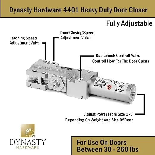 Dynasty Hardware Door Closer Heavy Duty Commercial Grade Hydraulic Adjustable Spring Door Closer Series 4401 Meets ADA Sprayed Aluminum Finish