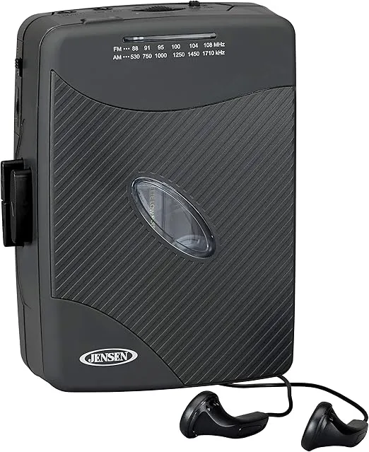 JENSEN Portable Cassette Player, Simple Retro Compact Style with AM/FM Radio, Detachable Belt Clip, and Stereo Earbuds Included