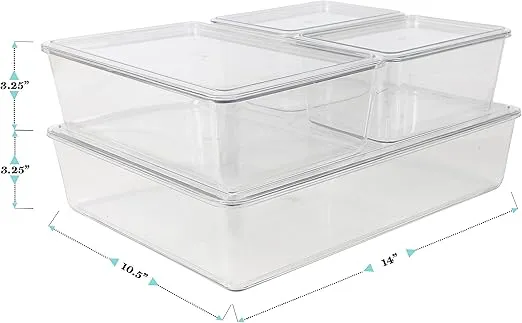 Martha Stewart Brody Plastic Storage Organizer Bins with Lids for Home Office, Kitchen, or Bathroom, 4 Pack, 2-Small/1-Medium, 1 Large, Clear/White