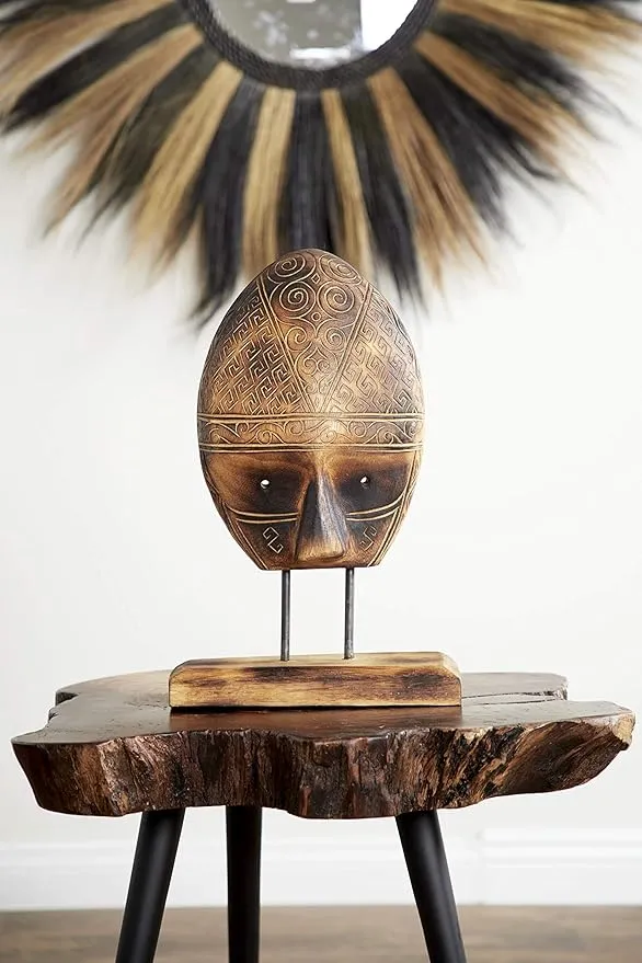 Deco 79 38978 Carved Tribal Mask Reclaimed Wood Sculpture on Acacia Wood Stand, 10.5” x 16.5”