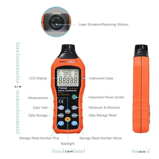 Digital Tachometer, 50-99,999 RPM High Precision Laser Photo Tachometer, Max/Min/AVG Data Hold Functions Rotation Speed Meter, PT6208B with Reflective Tape (Batteries Included)