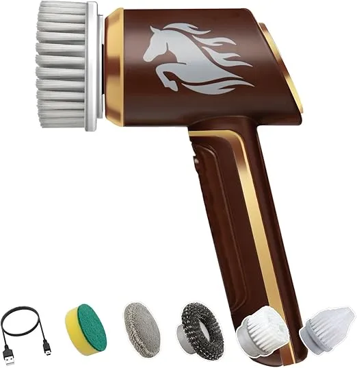 Horsepower Scrubber Gold Edition, Longer Battery Life, Electric Power, Rechargeable, Spins 350 RPM, Waterproof, 5 Brush Heads, AS-SEEN-ON-TV, Cleans Dirt & Grime: Bathrooms, Kitchen, Indoors/Outdoors