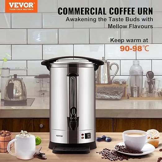 VEVOR Commercial Coffee Urn, 65Cups/10qt Stainless Steel Large Coffee Dispenser, 1500W 110V Electric Coffee Maker Urn For Quick Brewing, Hot Water Urn with Water Gauge for Easy Viewing