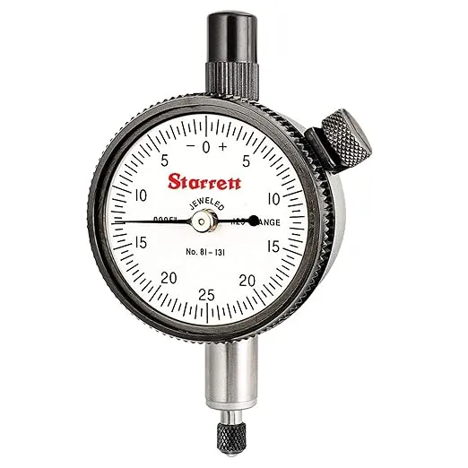 Starrett 81 Series Dial Indicator with Jewel Bearings and Lug-On-Center Back - White Face, 0-.125" Range, 0-25-0 Balanced Dial, .0005" Graduations - 81-131J