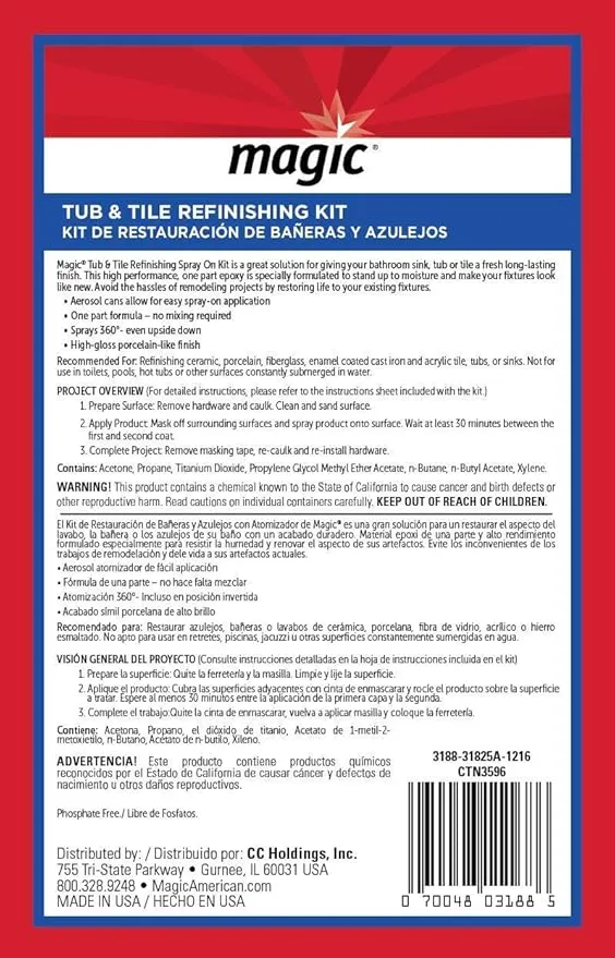 Magic Tub and Tile Refinishing Kit - Spray on Aerosol - Refinish Sinks Tile Porcelain Acrylic Fiberglass and Ceramic Surfaces, Bright White, 12 Ounce (Pack of 2)