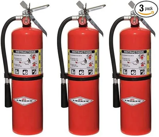 Amerex 10 Pound Stored Pressure ABC Dry Chemical 4A:80B:C Steel Multi-Purpose Fire Extinguisher with Anodized Aluminum Valve, Wall Bracket, Hose and Nozzle (3 Pack)