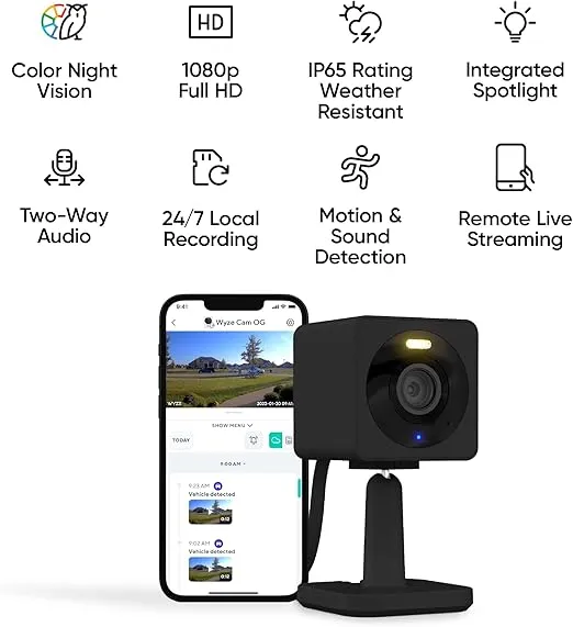 WYZE Security Cameras Wi-FI Outdoor, Cam OG Cameras for Home Security Indoor Camera, Color Night Vision, Spotlight, 2-Way Audio, Cloud & Local Storage, Black, 1 Pack