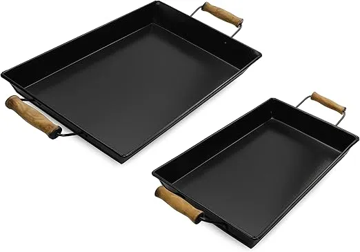 AuldHome Design Enamelware Rustic Trays (Set of 2, Small & Medium, Black); Farmhouse Decor Rectangular Trays w/Handles