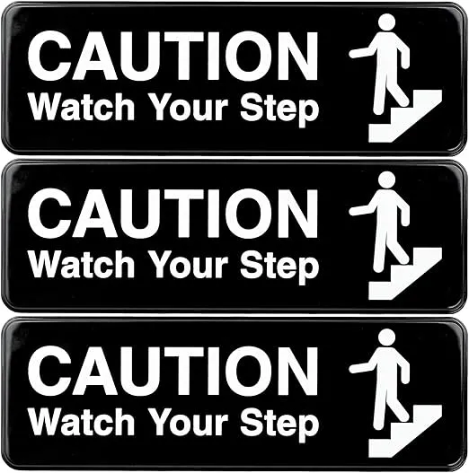 Excello Global Products Caution Watch Your Step Sign: for Business Restaurants Offices Indoor Outdoor Use Easy to Mount Informative Plastic Sign with Symbols 9” x 3”, Pack of 3 (Black)