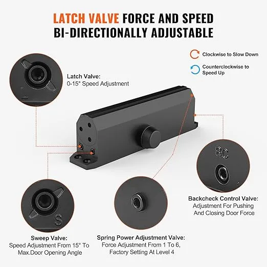 VEVOR Door Closer, Automatic Door Closer Commercial or Home, Adjustable Size Hydraulic Buffer Door Closers Heavy Duty Cast Aluminum Body, Easy Install, Black