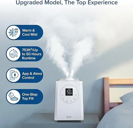 LEVOIT LV600S Smart Warm and Cool Mist Humidifiers for Home Bedroom Large Room, (6L) 753ft² Coverage, Quickly & Evenly Humidify Whole House, Easy Top Fill, App & Voice Control - Quiet Sleep Mode