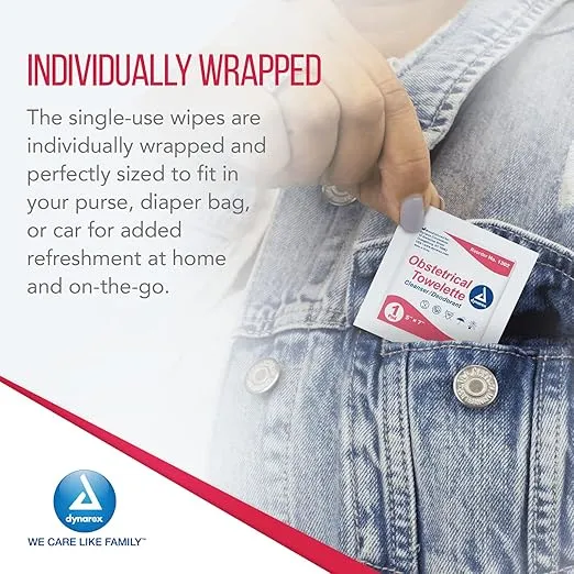 Dynarex 1302 Obstetrical Towelette, Benzalkonium Chloride Wipes with 5% Alcohol, Pre-Moistened, Scented & Individually Wrapped Sanitizing Wipe, 5" x 7", Pack of 100
