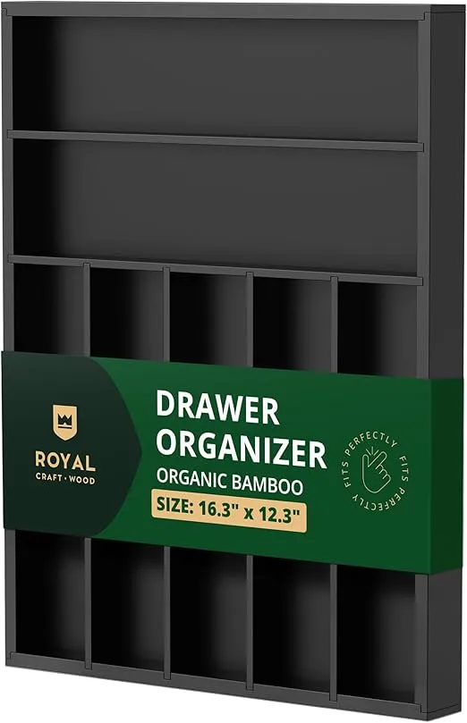 ROYAL CRAFT WOOD Luxury Bamboo Kitchen Drawer Organizer - Silverware Organizer - Utensil Holder and Cutlery Tray with Grooved Drawer Dividers for Flatware and Kitchen Utensils (7 Slot, Black)