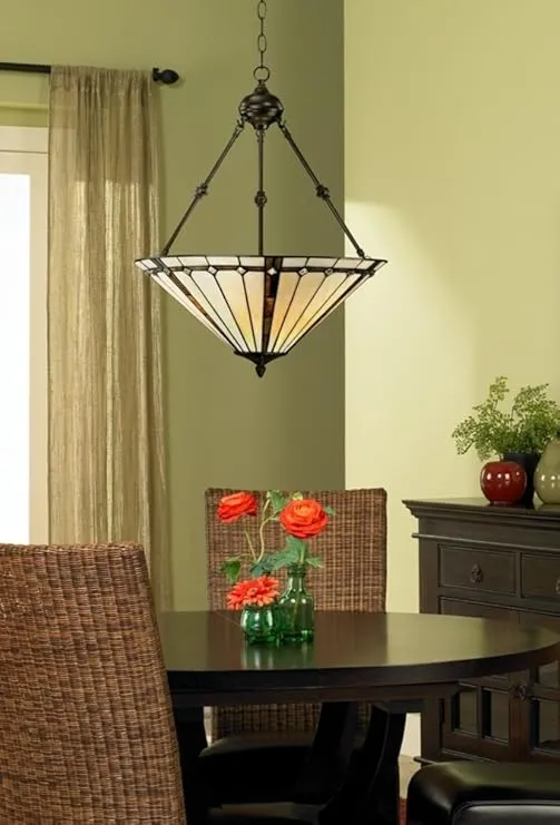 Robert Louis Tiffany Bronze Tiffany Style Pendant Chandelier 20" Wide Gold Texture Ivory Stained Glass 3-Light Fixture for Dining Room House Foyer Entryway Kitchen Bedroom Living Room High Ceilings