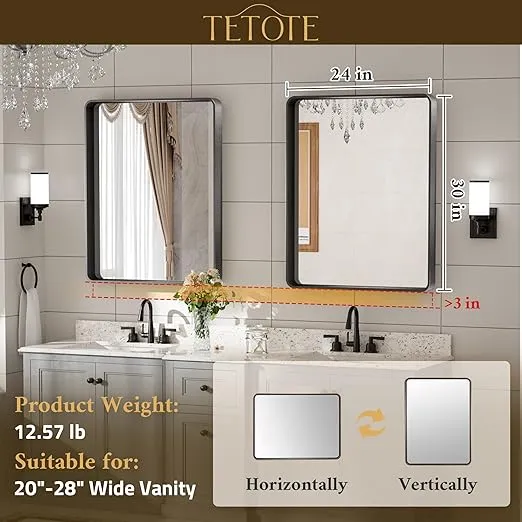 TETOTE Black Framed Bathroom Mirror, 24 x 30 Inch Matte Metal Frame Vanity Mirror, Modern Farmhouse Wall Mounted Rectangle Mirror (Horizontal/Vertical)