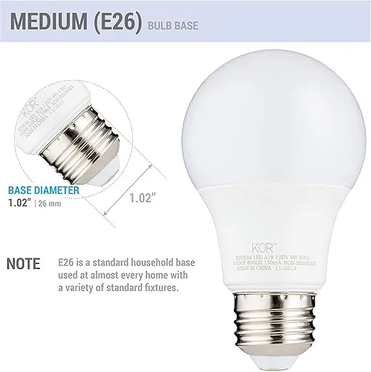 (6 PACK) KOR 9W LED A19 Light Bulb – (60W Equivalent), UL Listed, 5000K (Bright White – Daylight), 750 Lumens, Non-Dimmable, LED 9-Watt Standard Replacement Bulbs With E26 Base, 15000 Hours, Long Life