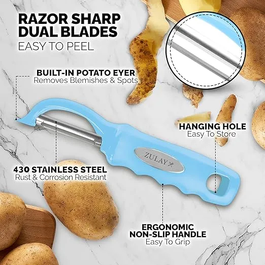 Zulay Kitchen Premium Vegetable Peeler for Kitchen - Swivel Peeler with Razor Sharp Stainless Steel Blades & Strong Ergonomic Handle - Dishwasher Safe, Easy To Use with Blemish Remover - Blue