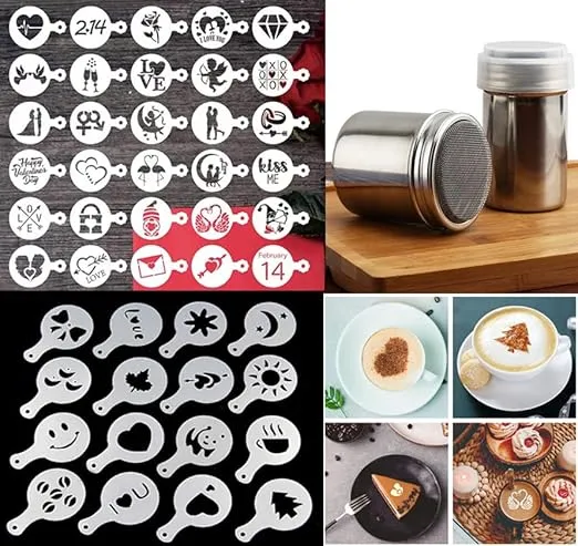 46 Cookie Stencils+2 Mesh Powder Shakers, Cake Stencils Baking Templates Coffee Decoration Stencils Coffee Art Template Coffee Mold Tool for Christmas Thanksgiving Cake Coffee Cappuccino