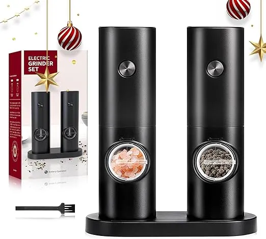 Electric Salt and Pepper Grinder Set-2 Pack Automatic Salt Pepper Mill Shakers, Adjustable Coarseness, LED Light, One-Hand Operation, Battery Operated for Kitchen BBQ Restaurant Outdoor, Black