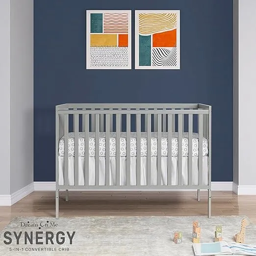 Dream On Me Synergy 5-In-1 Convertible Crib In Cool Grey, JPMA & Greenguard Gold Certified, Constructed out of solid reclaimed New Zealand Pine wood, Features 3 mattress height settings