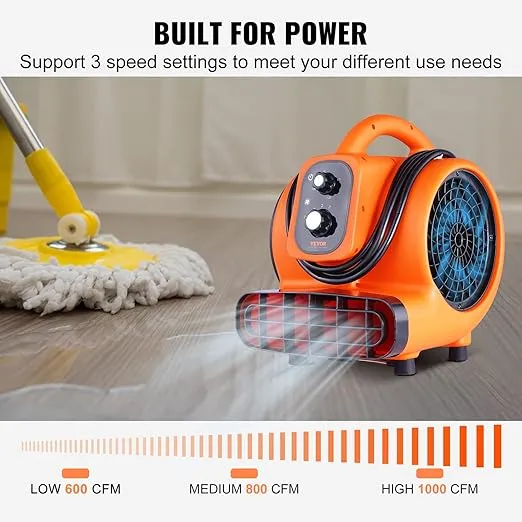 VEVOR Air Mover, 1/4 HP 1000 CFM Carpet Dryer for Cooling and Ventilating, Portable Floor Blower Fan with 4 Blowing Angles and Time Function, for Janitorial, Home, Commercial Use