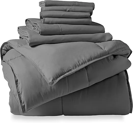 Bare Home Bed-in-A-Bag 7 Piece Comforter & Sheet Set - King - Goose Down Alternative - Ultra-Soft 1800 Premium Bedding Set (King, Grey/Grey)