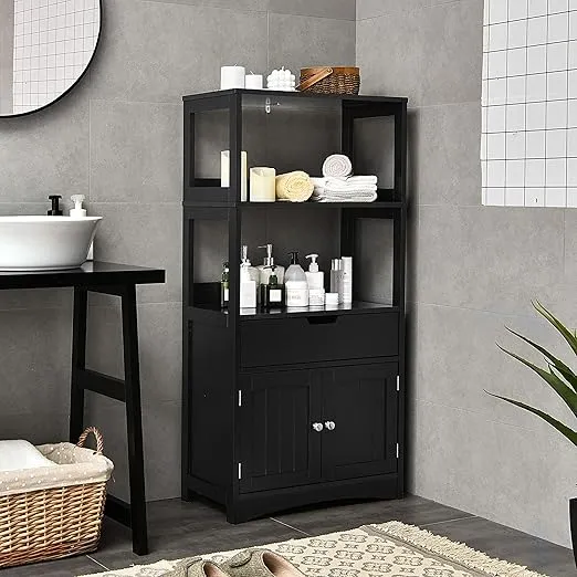 Tangkula Bathroom Floor Cabinet with Drawer, 2 Open Shelves and Door Cupboard, Multipurpose Free Standing Storage Cabinet for Bathroom Kitchen Living Room, 24 x 13 x 48 inch (Black)