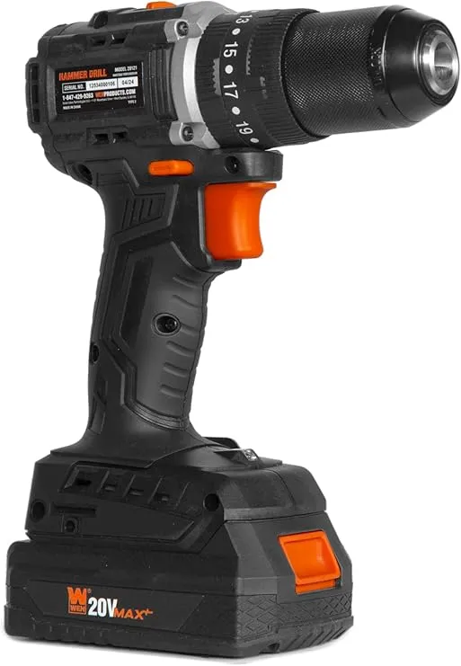 WEN Cordless Hammer Drill and Driver, Brushless with 1/2-Inch Chuck, 20V Max 2.0 Ah Lithium-Ion Battery and Charger (20121)